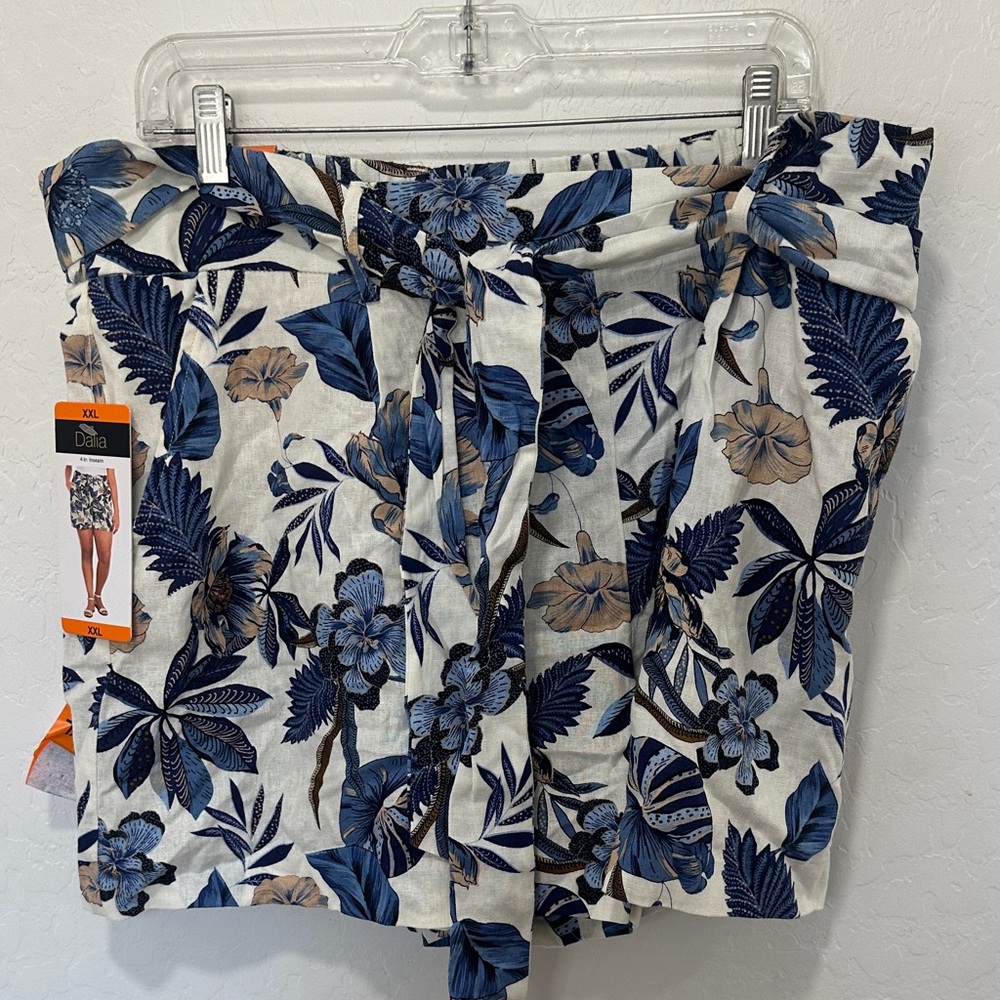 Dalia Blue Brown Floral‎ Women’s Shorts plus size XXL linen blend tie front